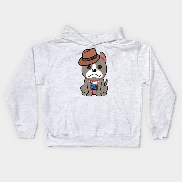 Cute grey dog is holding a camera Kids Hoodie by Pet Station